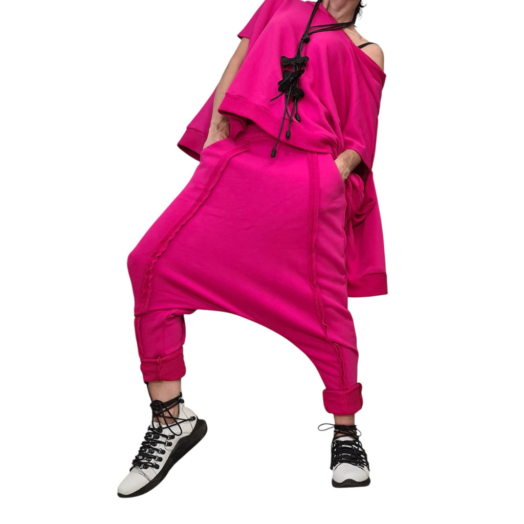 Fuchsia Cotton Drop Crotch Harem Pants, Oversized Asymmetrical Top, Exposed Seams, Two-Piece Co-Ord Set