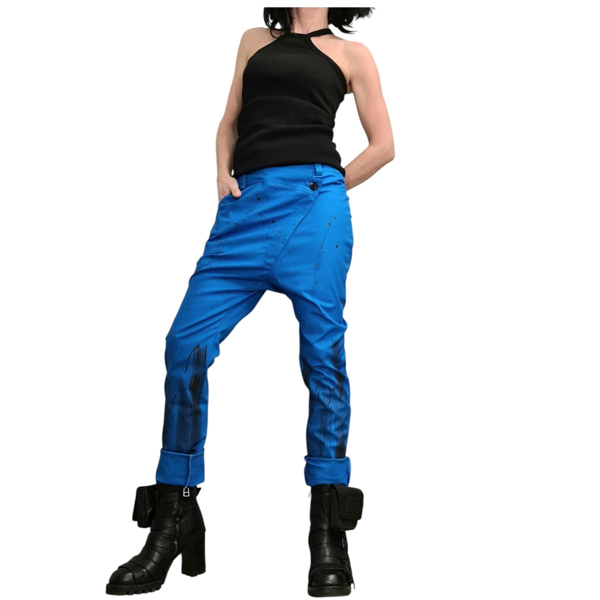 Blue Drop Crotch Pants, Asymmetric Closure, Tapered Leg, Paint Splatter
