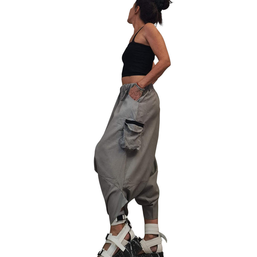 Gray Linen Harem Pants, Mid-Calf Drop Crotch Trousers, Cargo Pockets, Elastic Waist, Plus Size
