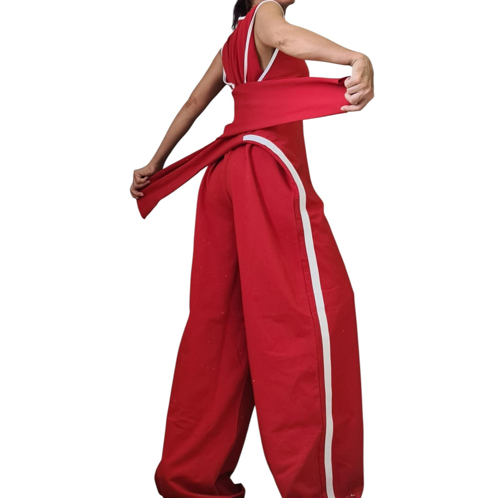 Red Cotton Harem Jumpsuit, Wide Leg Overall, With and without sleeve