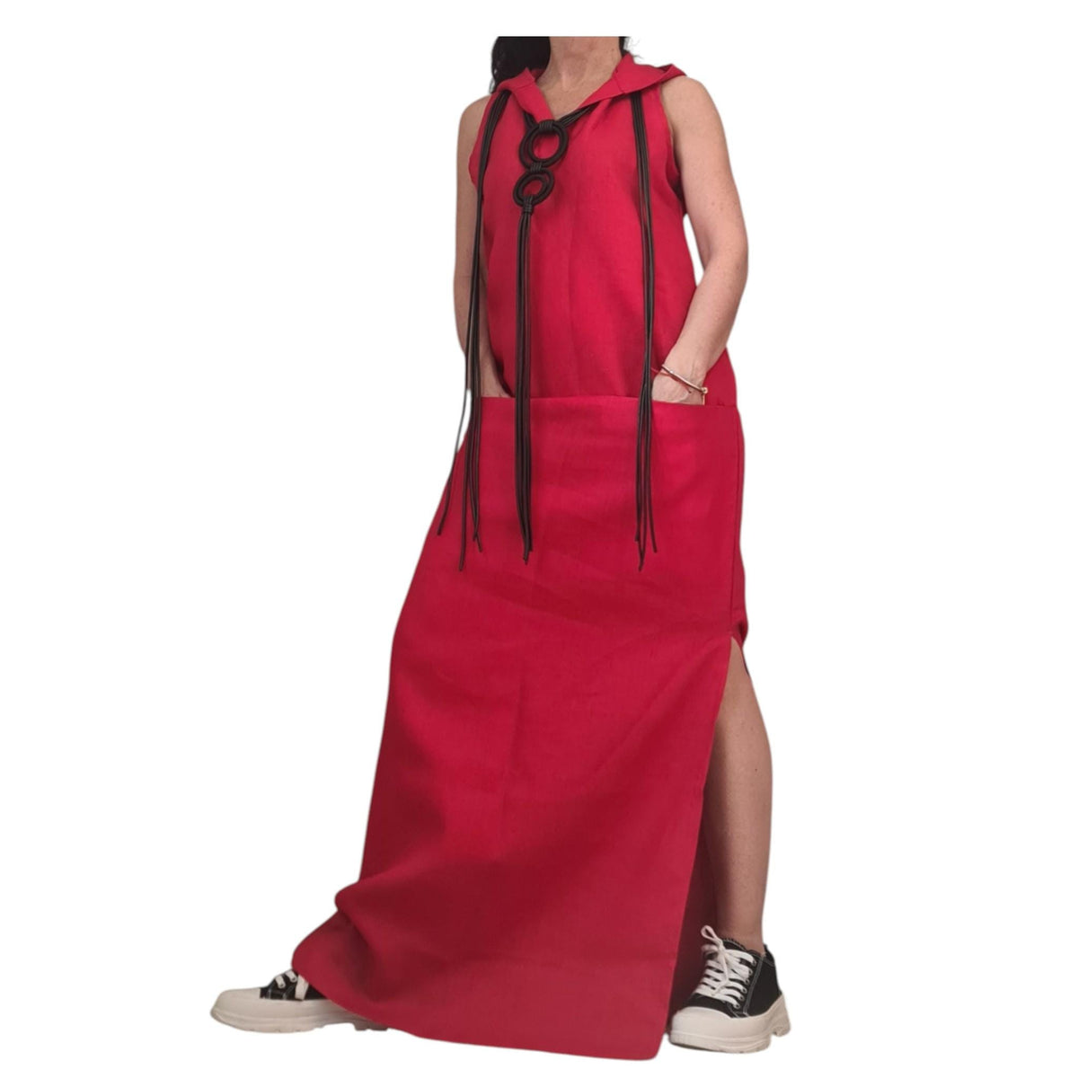 Red Linen Hooded Maxi Dress Women, Sleeveless Long Kaftan, Boho Summer Sundress
