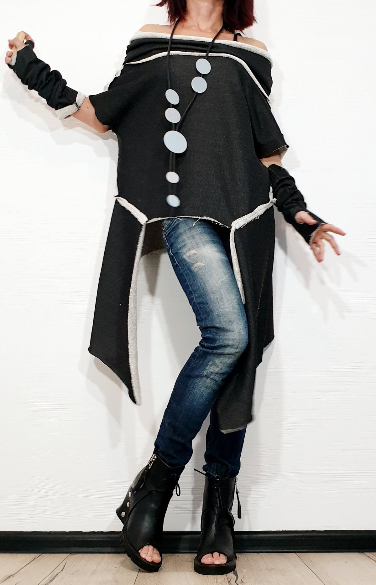 Asymmetric Cotton Tunic, One Shoulder Blouse, Loose Fit Separate Sleeves