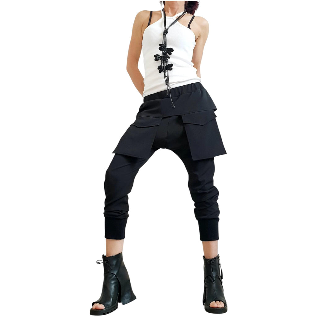 Black Harem Cargo Pants, Attached Skirt Panel, Tapered Leg