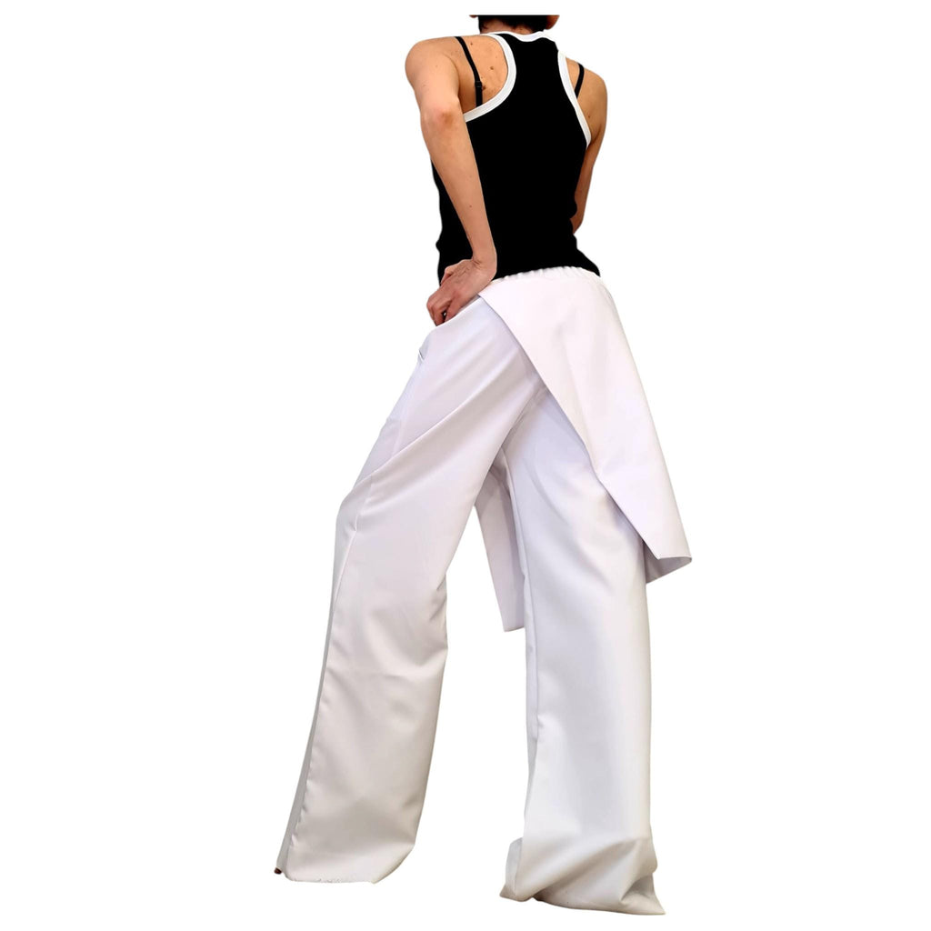 White Wrap Skirt Pants, Wide Leg Palazzo, Elastic Waist, Plus Size