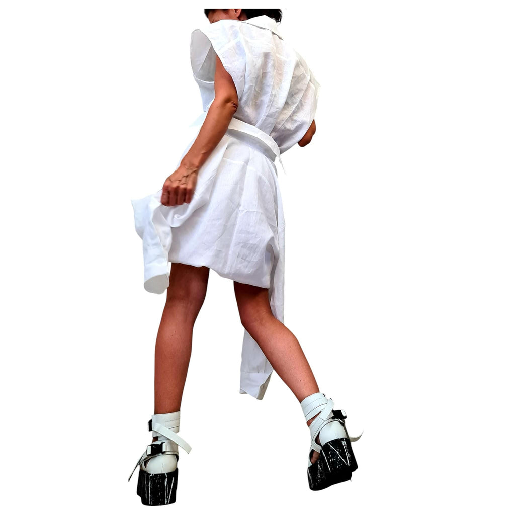 White Linen Deconstructed Shirt Dress, Convertible Tunic, Handmade Asymmetric Top, Women’s Clothing