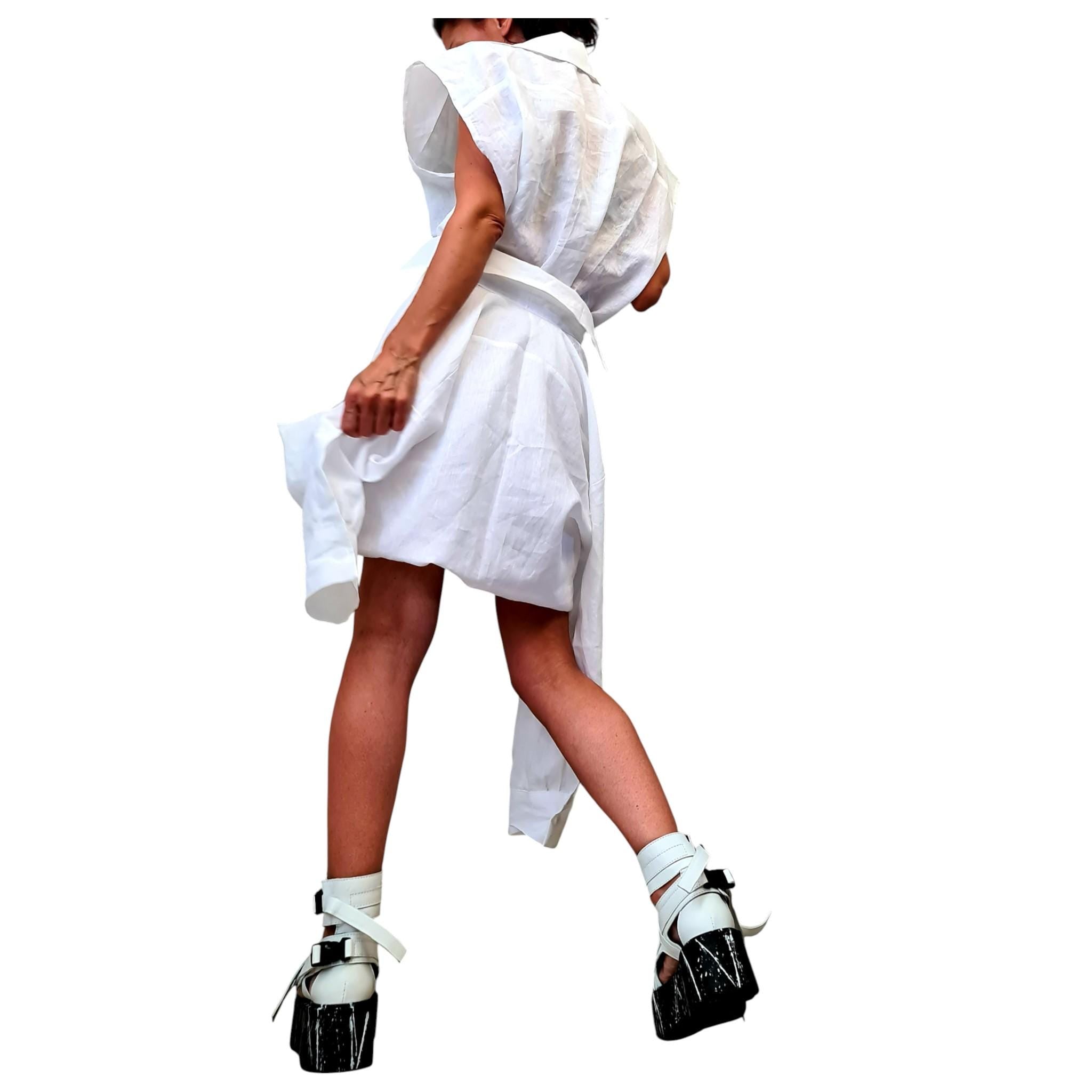 White Linen Deconstructed Shirt Dress, Convertible Tunic, Handmade Asymmetric Top, Women’s Clothing