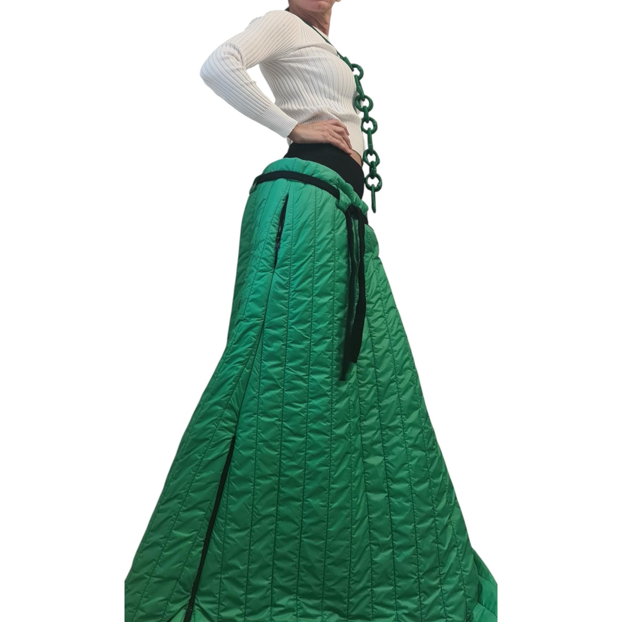 Green Quilted Maxi Skirt | Winter Puffer Design with Side Zippers | Avant-Garde Insulated Piece