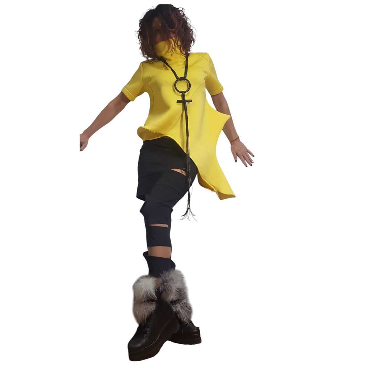Yellow Neoprene Tunic Top | Asymmetric Sculptural Hem with Short Sleeves | fashion for women | architectural