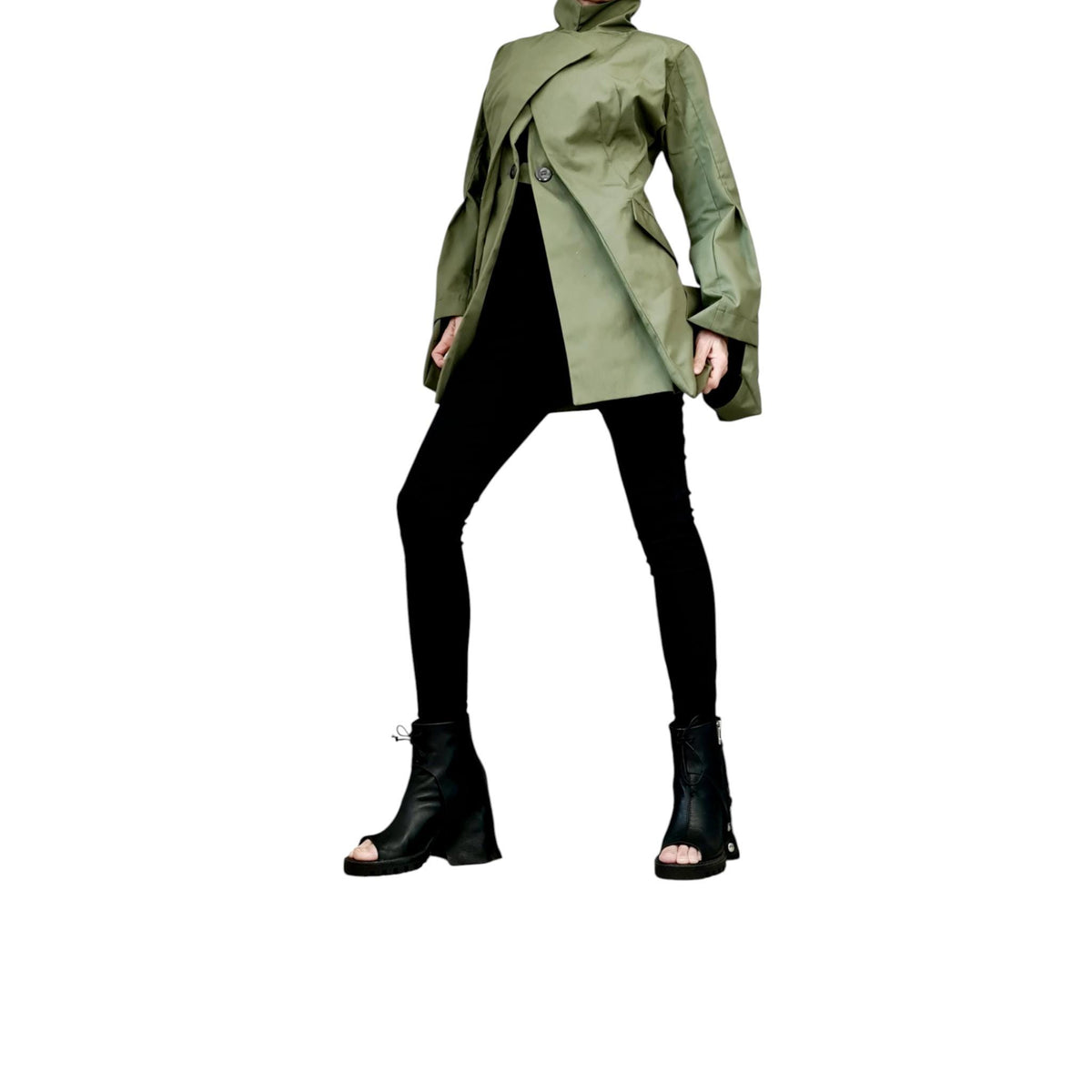 Olive Green Cotton Asymmetric Blazer, Fitted Long Jacket, Flared Sleeve Coat