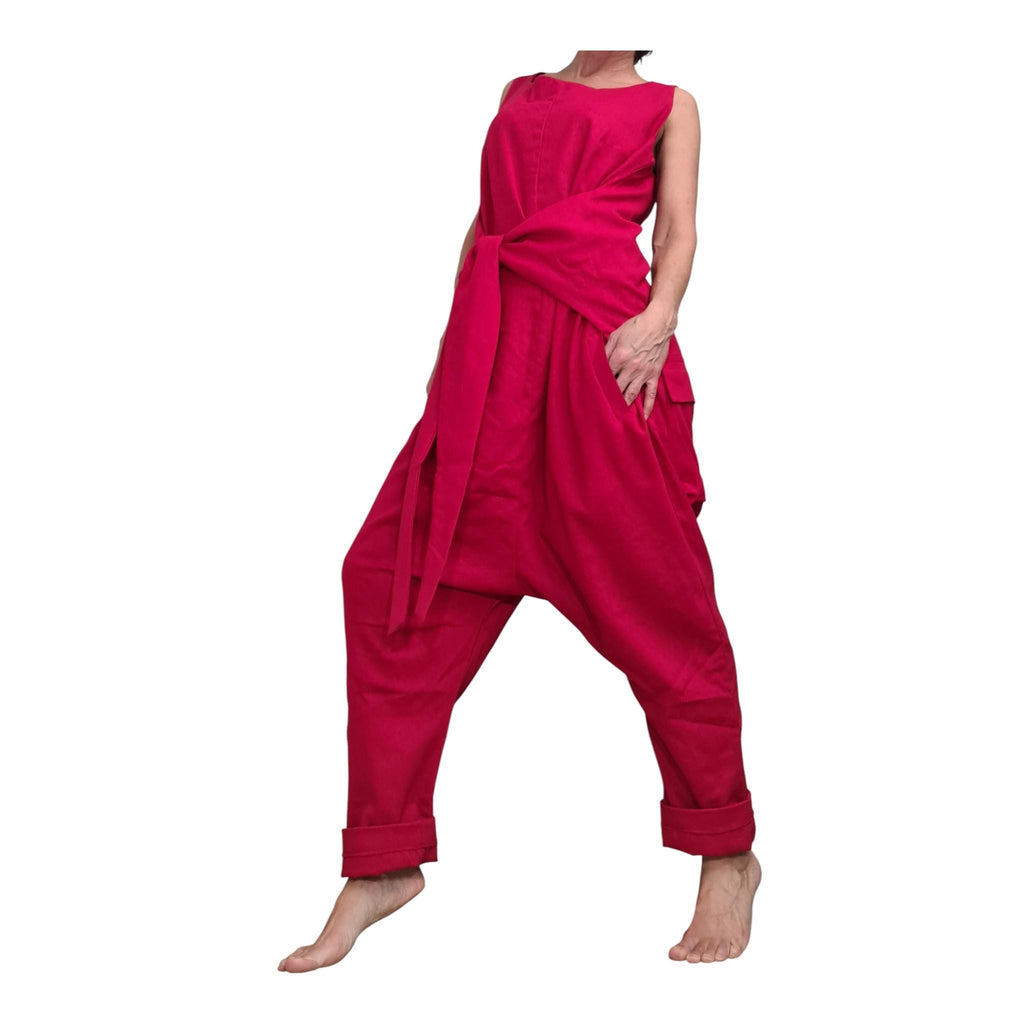 Red Linen Jumpsuit, Sleeveless Wide Leg Overalls, Backless Drop Crotch Outfit