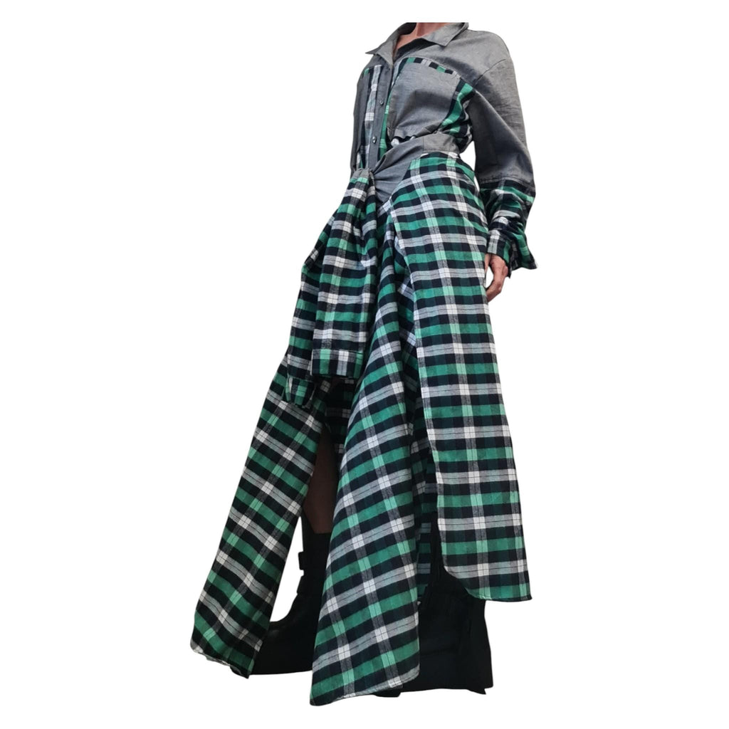 Green Plaid Shirt Dress for Women, Deconstructed Asymmetric Tunic, Oversize Avant Garde Handmade Clothing