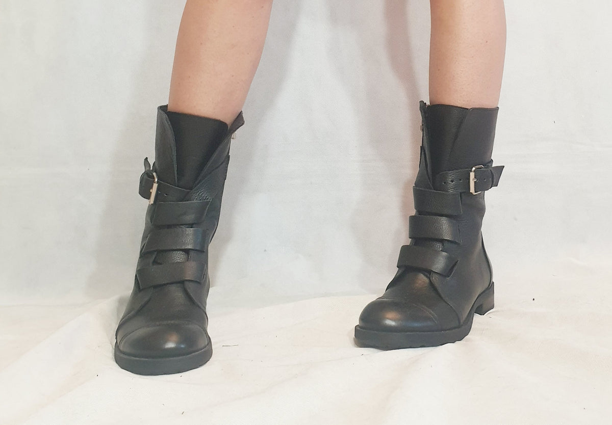 Black Leather Combat Boots, Gothic Grunge Ankle Booties, Steampunk Shoes