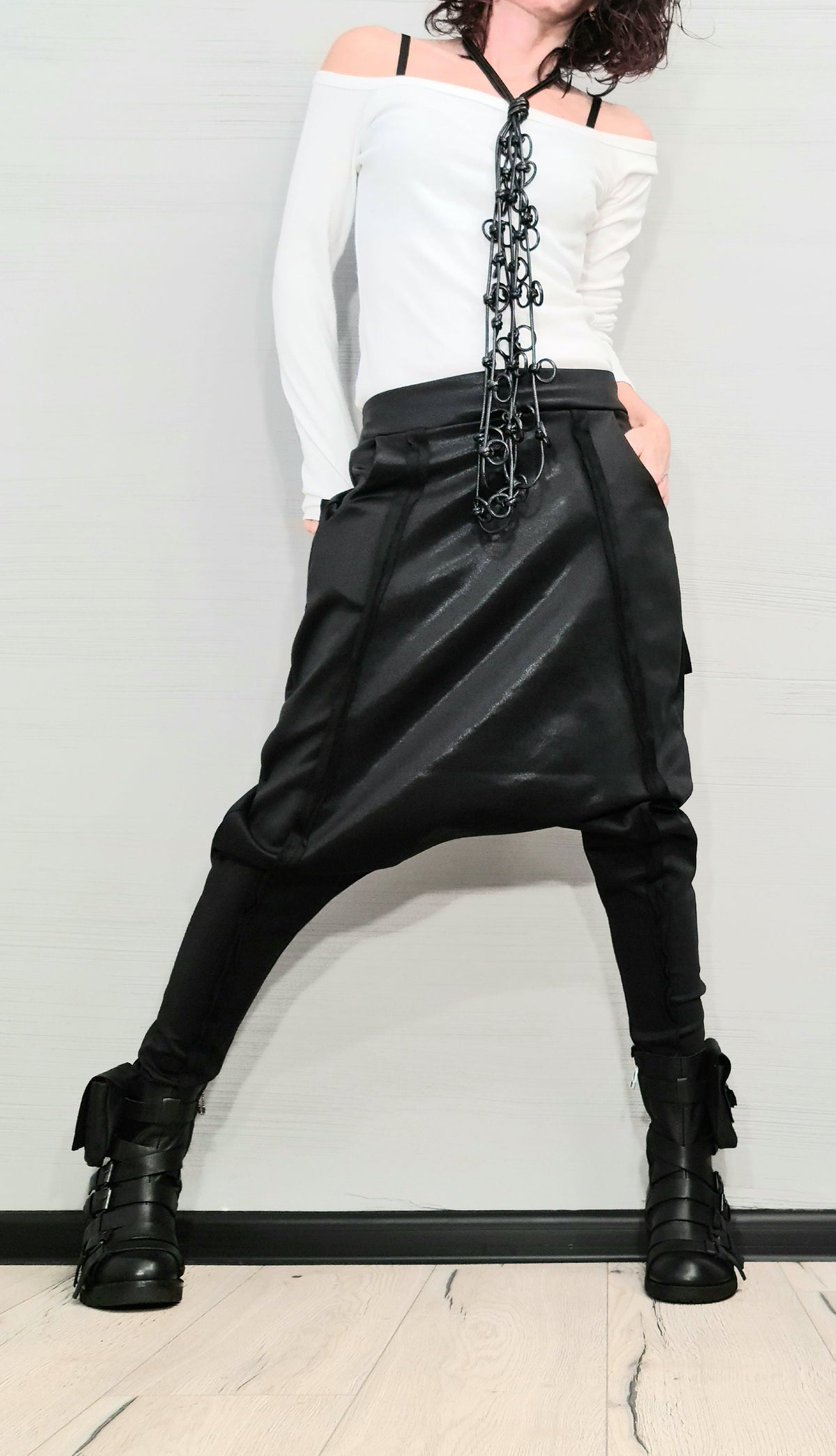 Black Neoprene Drop Crotch Pants, Tapered Harem Trousers