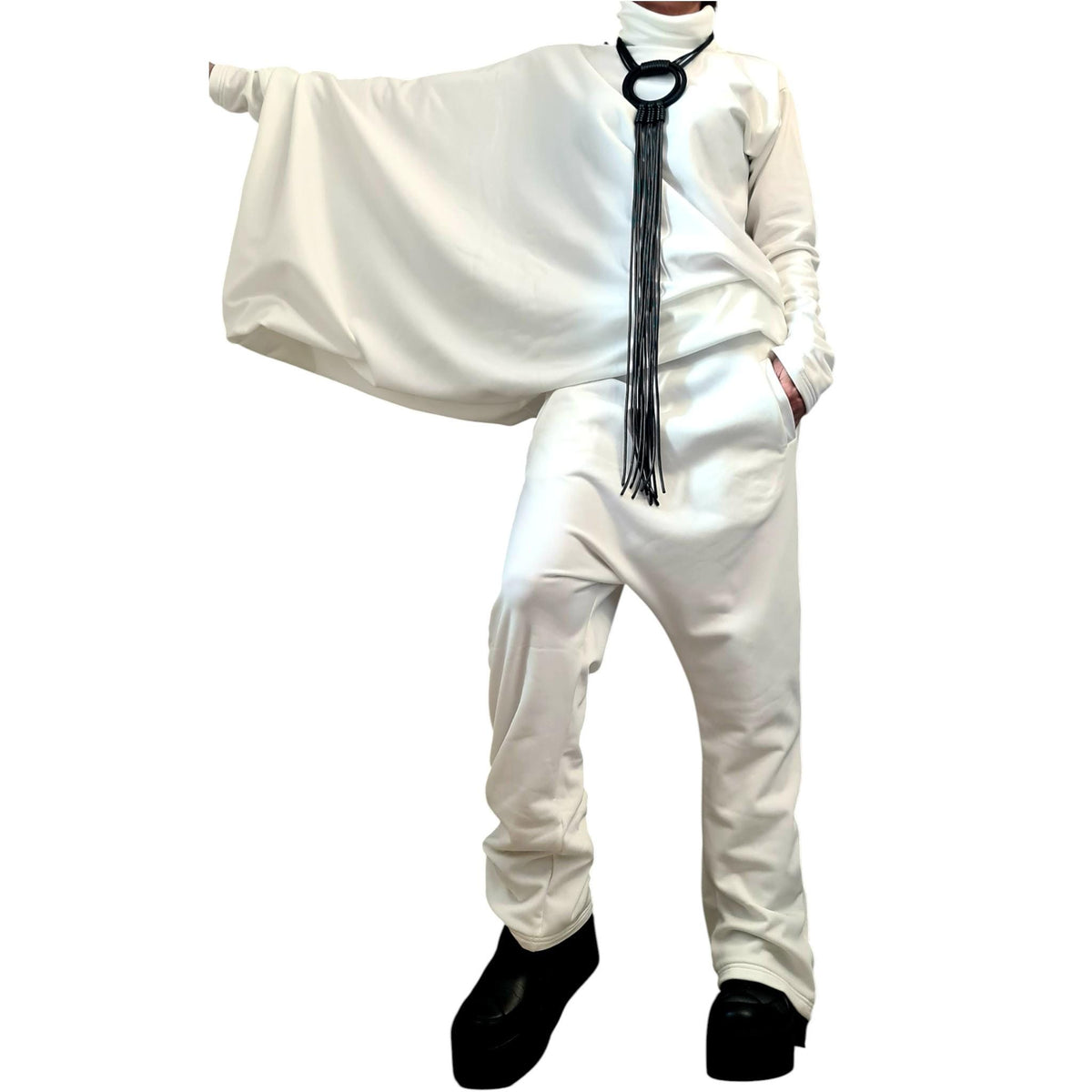 White Cotton Drop Crotch Harem Pants, Oversized Asymmetrical Batwing Turtleneck Top, Two-Piece Co-Ord Set