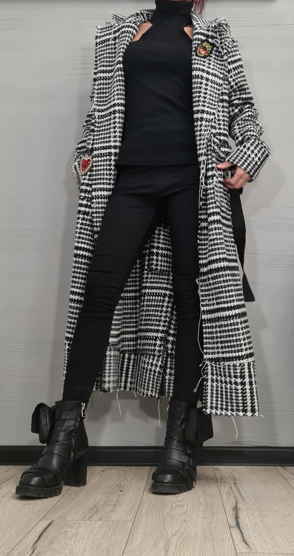 Black and White Plaid Coat, Long Belted Oversized Winter Jacket, Plus Size Cardigan