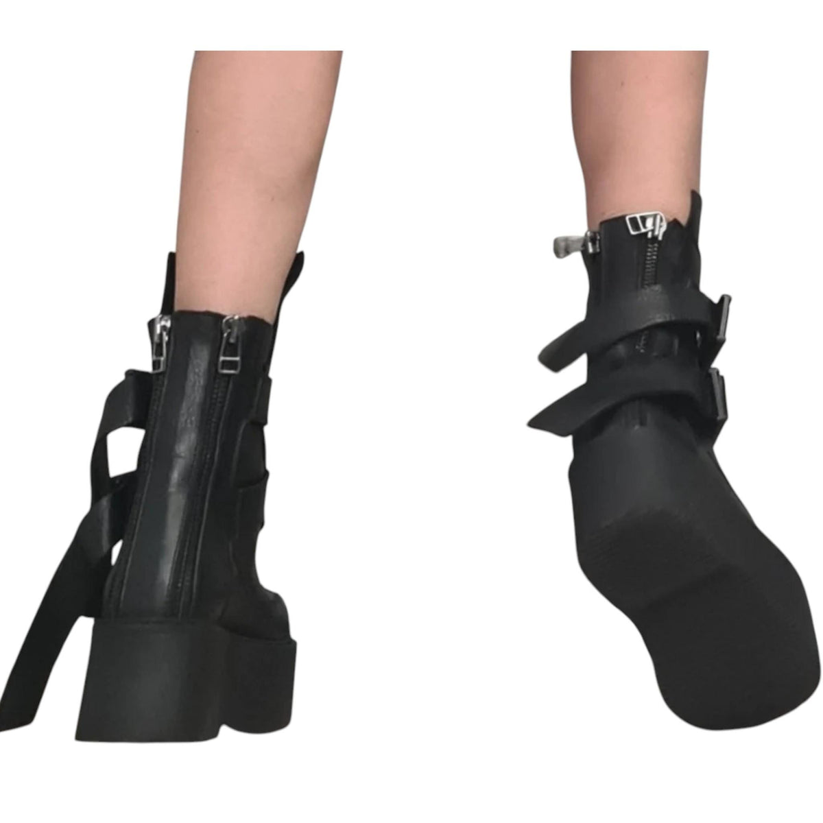 Black Leather Platform Boots, Buckle Strap Ankle Booties, Gothic Grunge Women Footwear