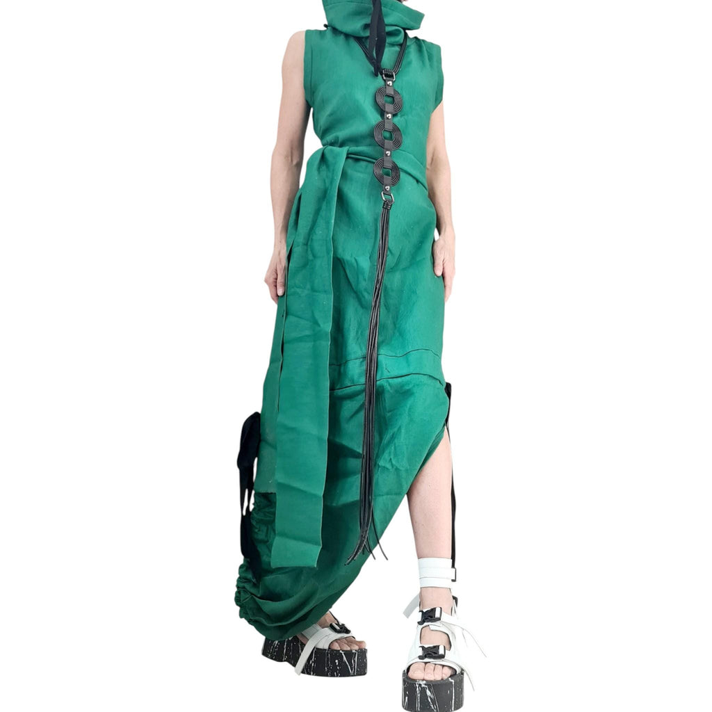 Green Linen Maxi Dress, Open Back, Asymmetric Sleeveless Fit, Avant Garde Plus Size Dress