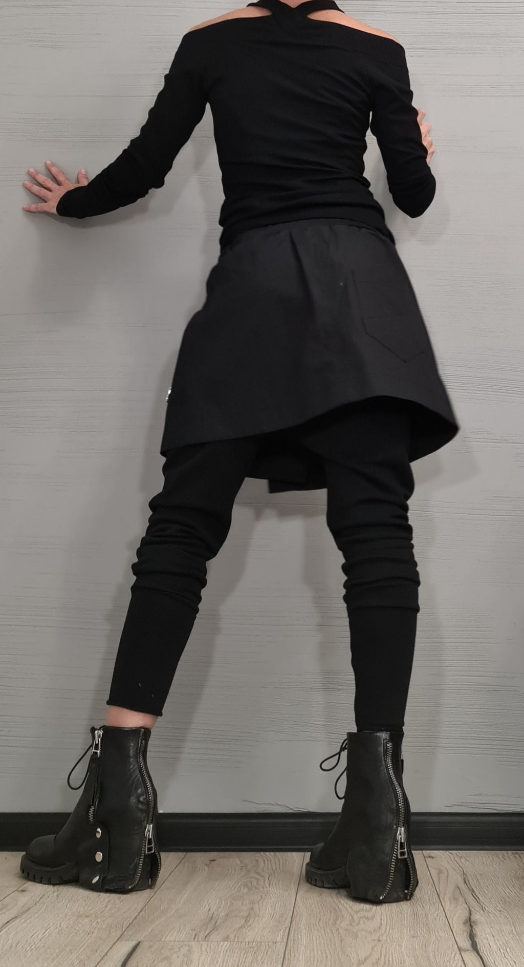 Black French Terry Pants, Attached Skirt Panel, Zip Pocket Detail