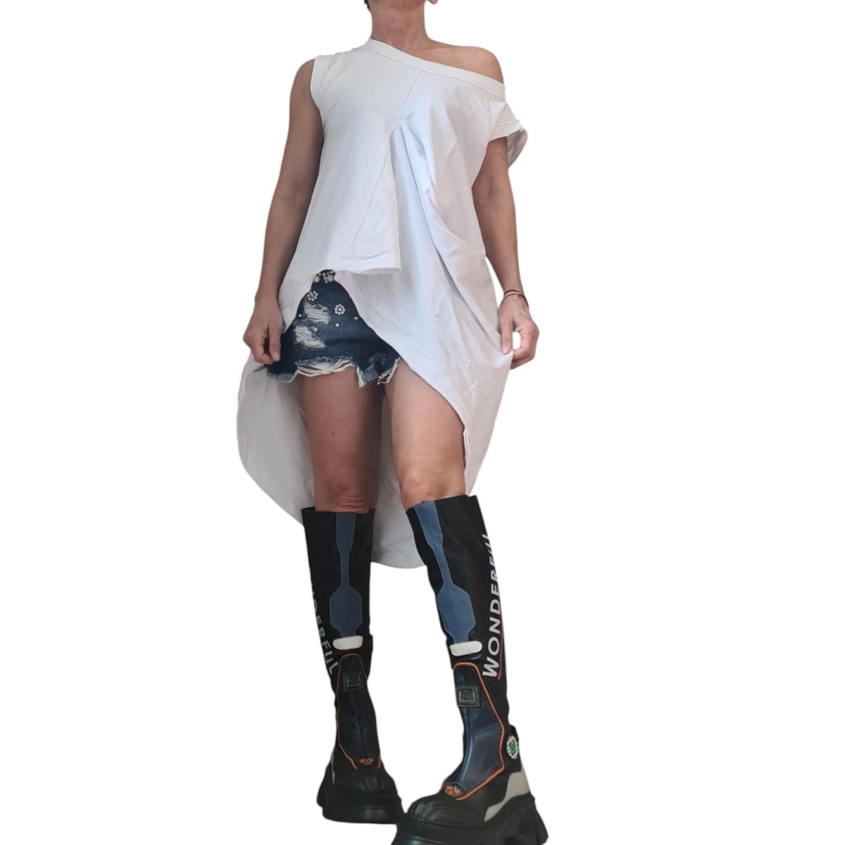 White asymmetric tunic, sleeveless cotton top, oversized loose fit women clothing