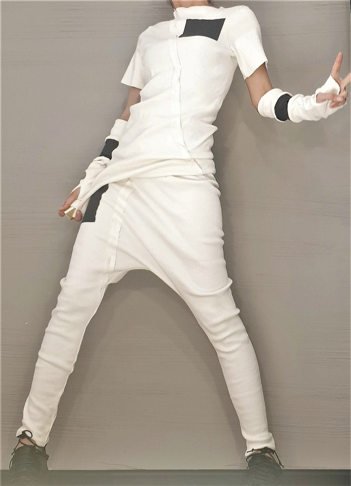 White Cotton Tapered Harem Pants, Asymmetrical Blouse, Detachable Sleeves with Thumb Holes, Co-Ord Set