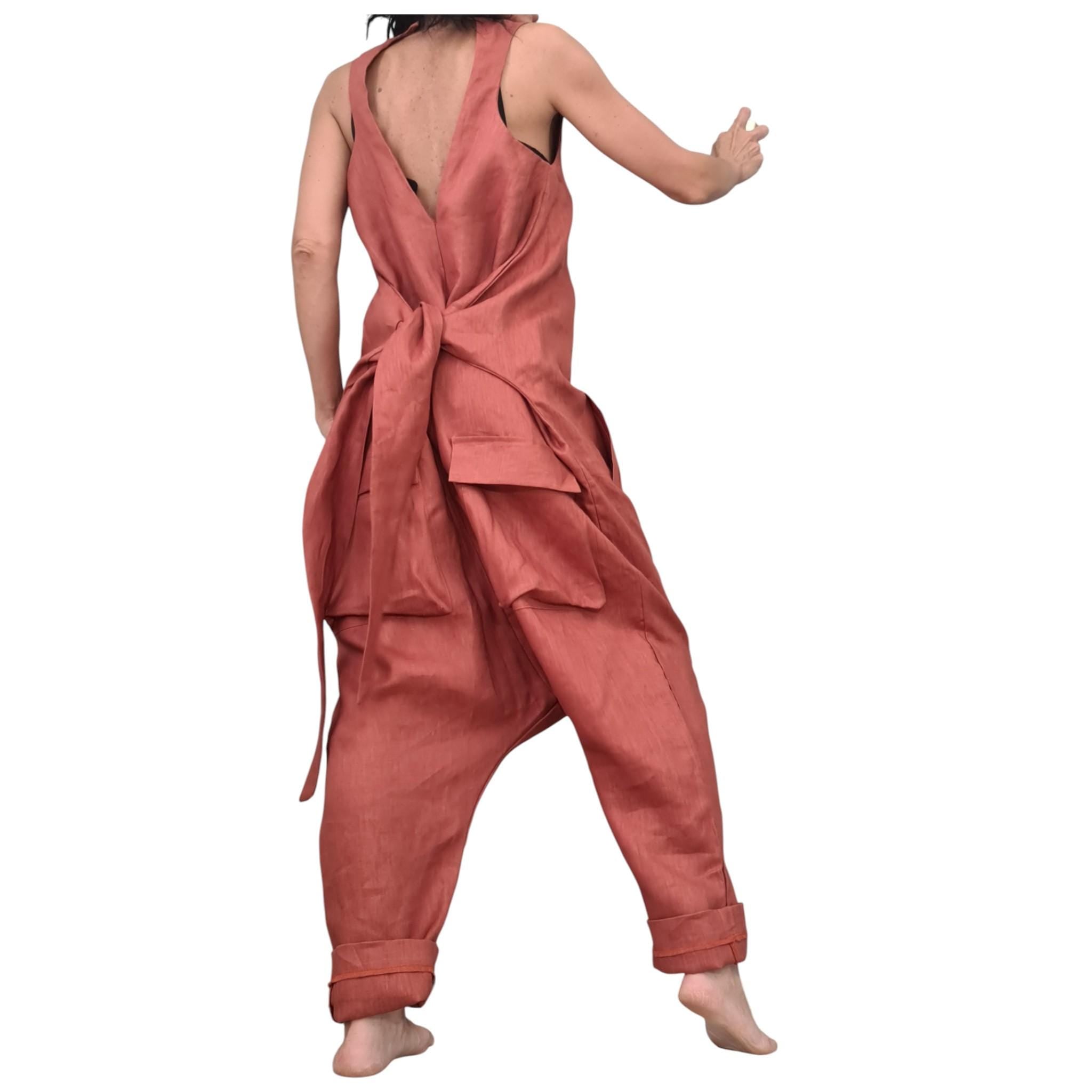 Terracotta Linen Jumpsuit, Asymmetric Harem Overall, Wide Leg Sleeveless Jumpsuit, Oversized Clothing for Women