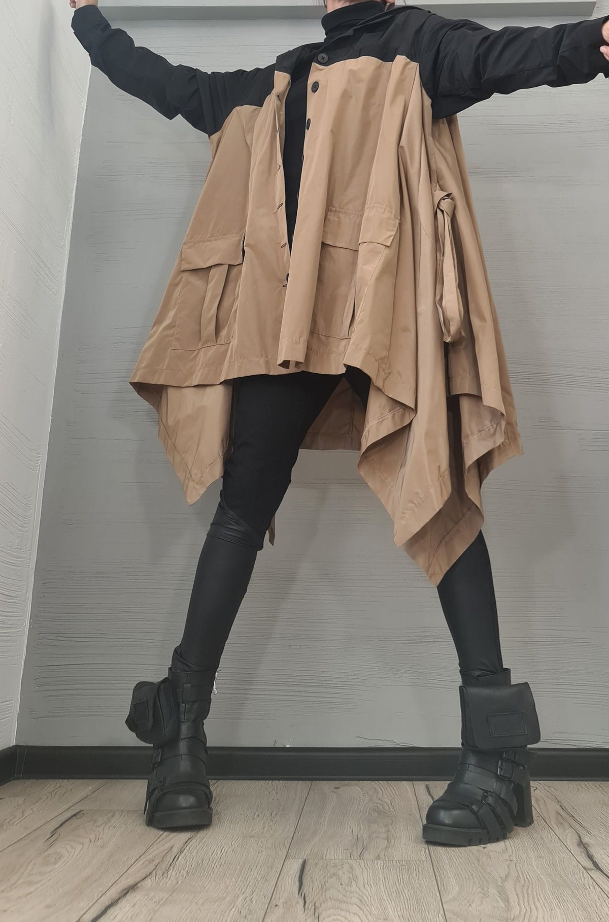 Beige and Black Asymmetrical Hooded Trench Coat, Deconstructed Design, Oversized Patch Pockets