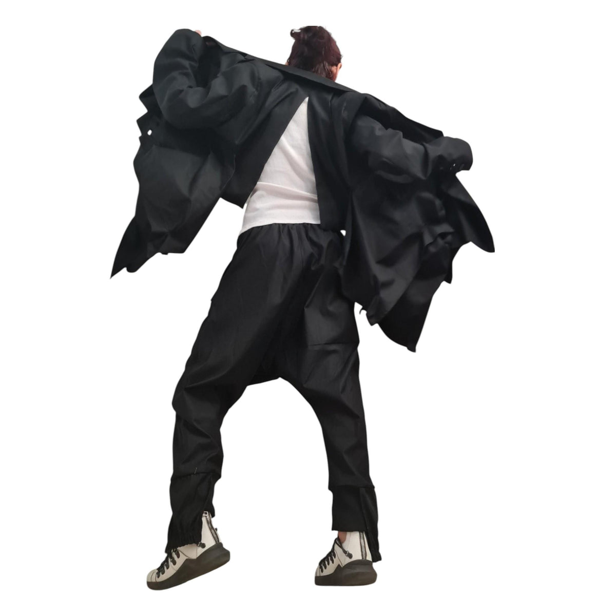 Linen Avant Garde Jacket and Harem Pants Set, Asymmetric Open Back Women's Wear