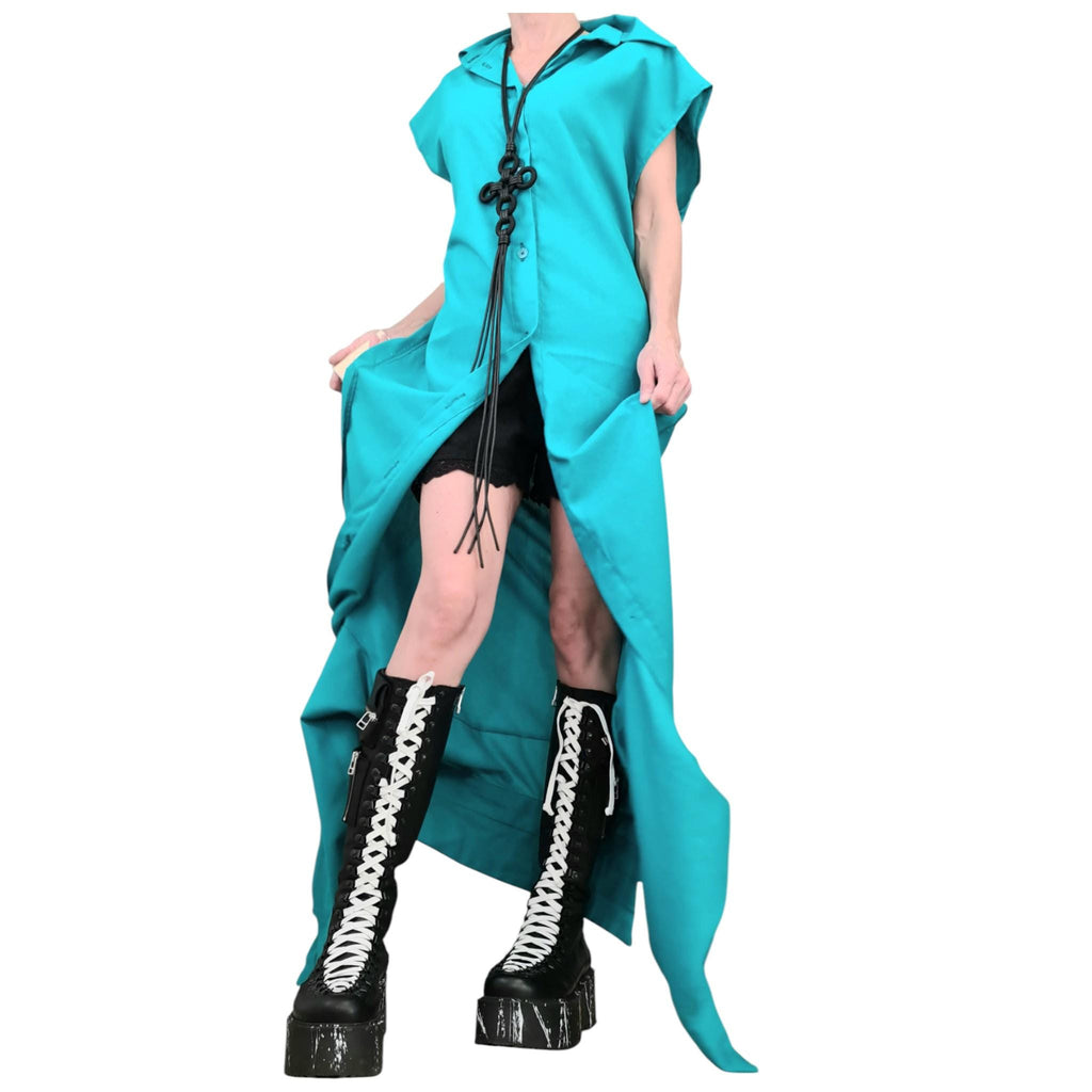 Turquoise Linen Deconstructed Tunic for Women, Transformable Layered Top, Asymmetric Oversize Shirt