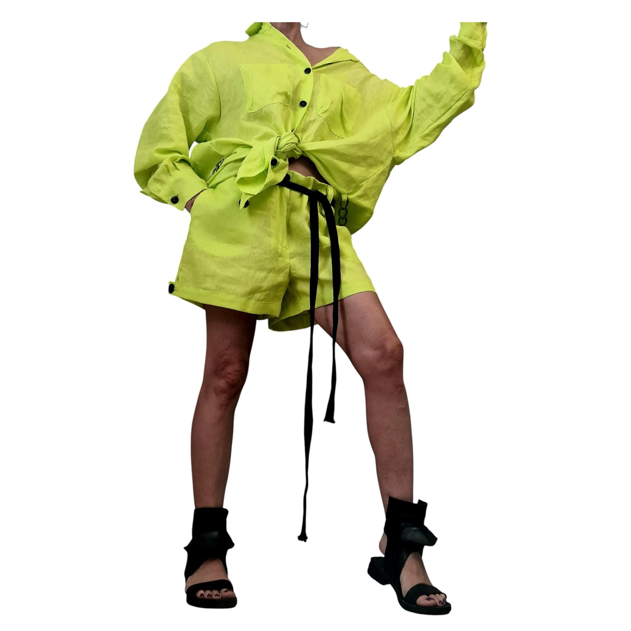 Lime Linen Two Piece Set for Women, Oversized Shirt Shorts, Open Back Avant Garde