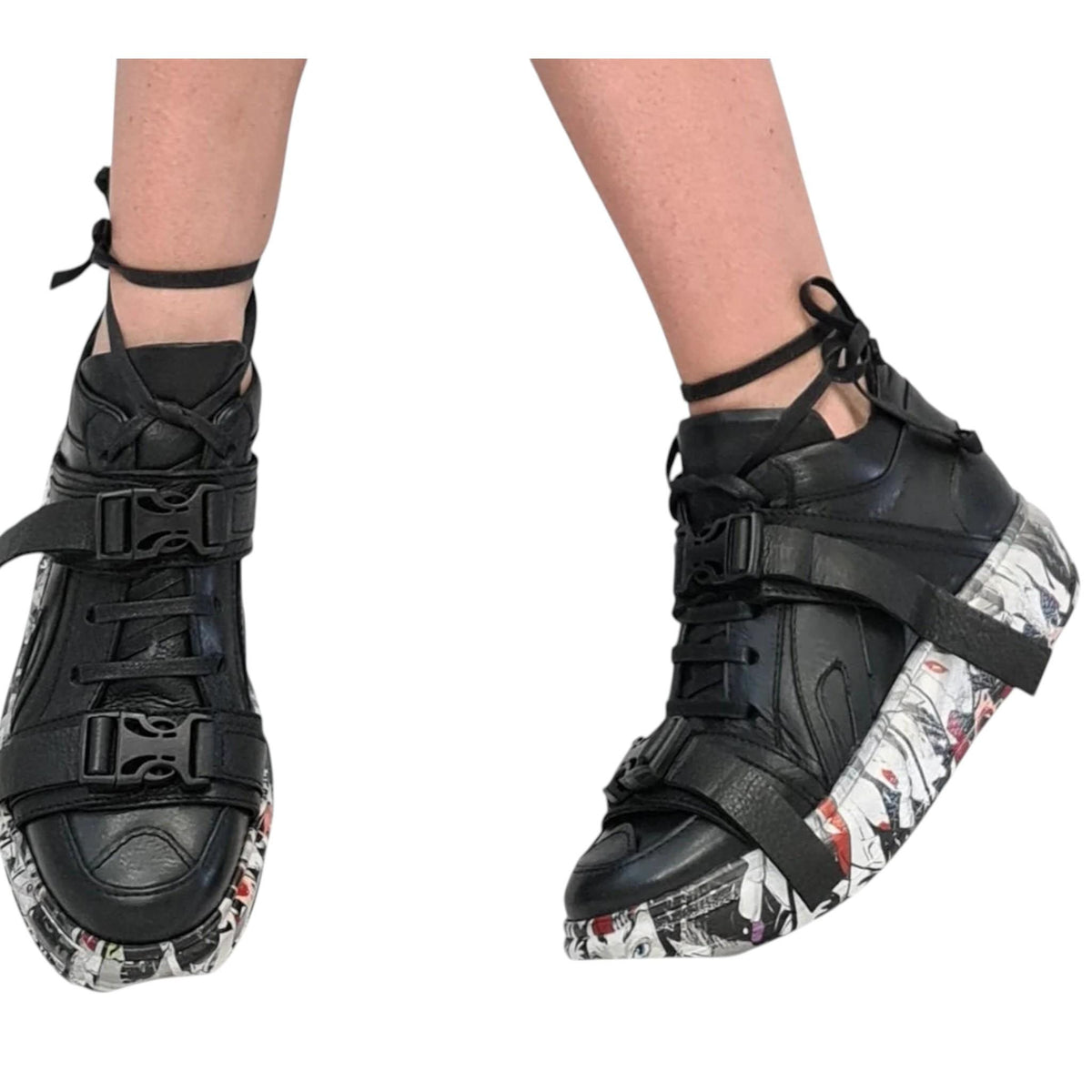 Black Leather Sneakers, Gothic Grunge Trainers, Colored Sole Women Footwear