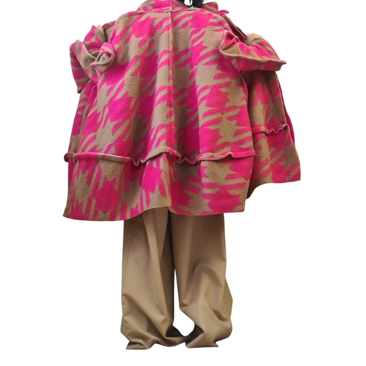 Pink Beige Oversized Wool Blend Coat, Abstract Print High Collar Jacket, Wide Sleeve Outerwear