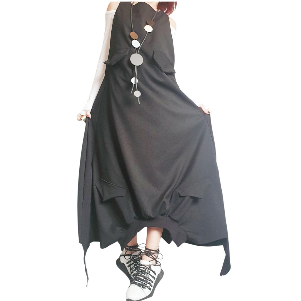 Black Gothic Dress, Asymmetric Cargo Design, Plus Size Kaftan, Avant Garde Dress for Women