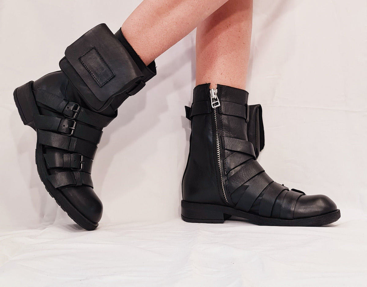 Black Leather Ankle Boots, Movable Pocket, Gothic Steampunk Grunge Shoes