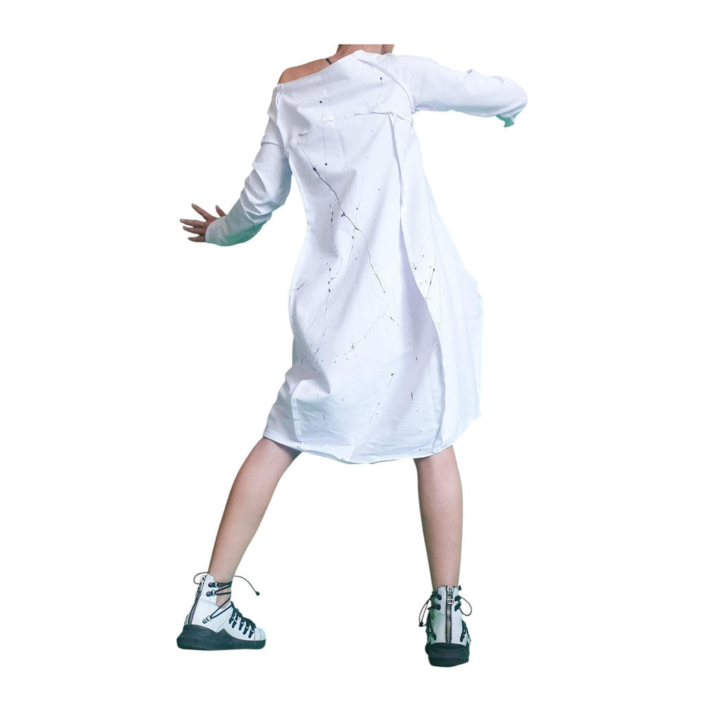 White F Oversized Sweatshirt Dress, Asymmetric High Low Cut