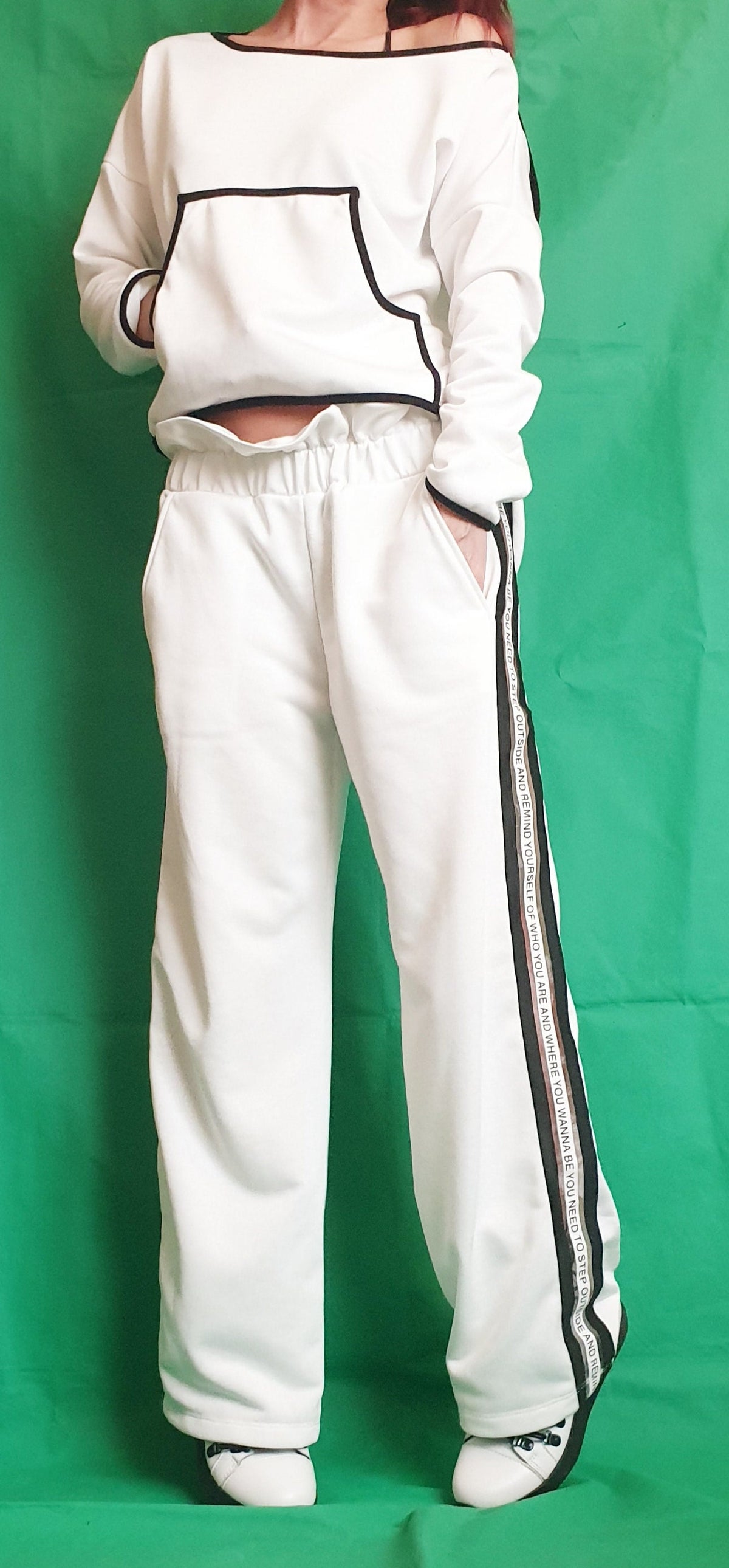 White Cotton French Terry Co-Ord Set, Open Back Blouse, Wide Leg Pants