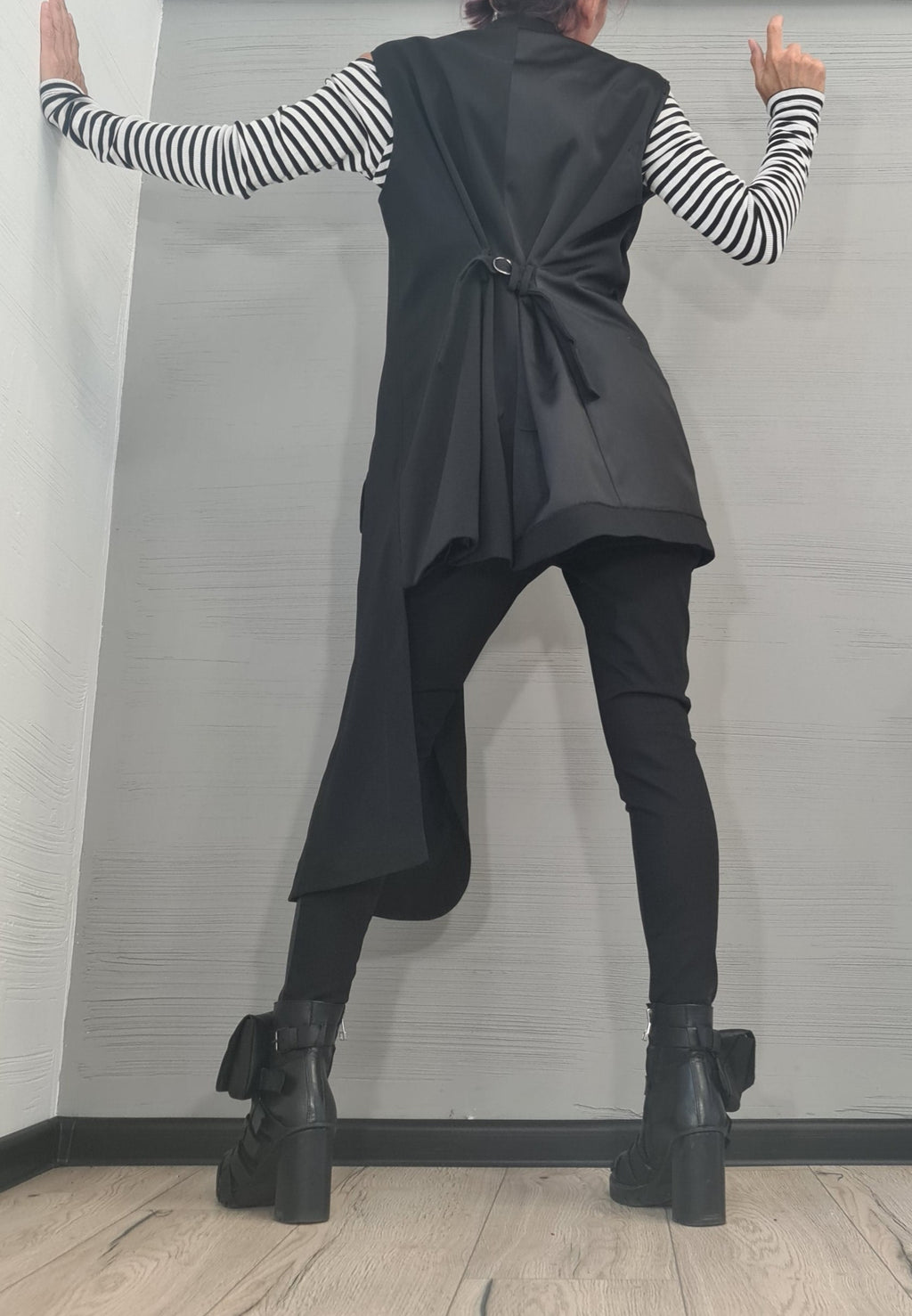 Black Asymmetrical Oversized Vest, Sleeveless Draped Jacket, Extended Side Panel, Waist Tie