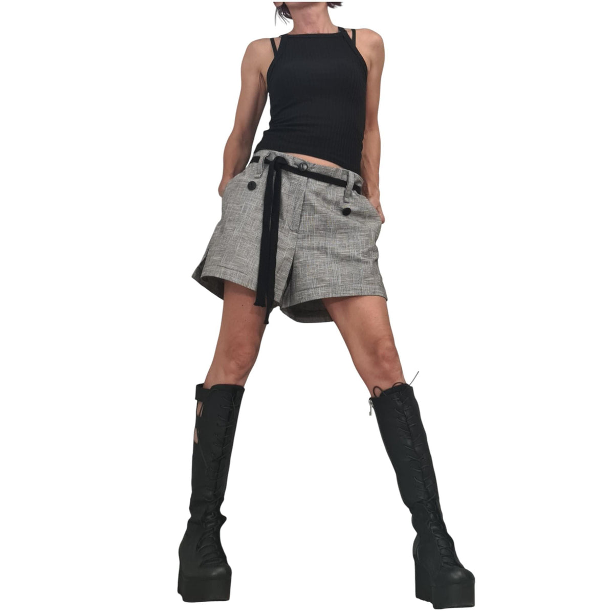 Grey Linen Shorts, Wide Leg Summer Clothing, Button Detail