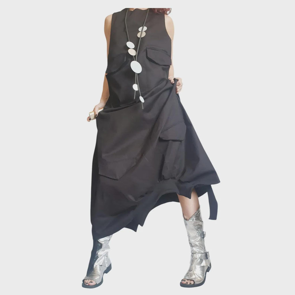Blue Maxi Loose Dress, Pockets Asymmetric Kaftan, Sleeveless