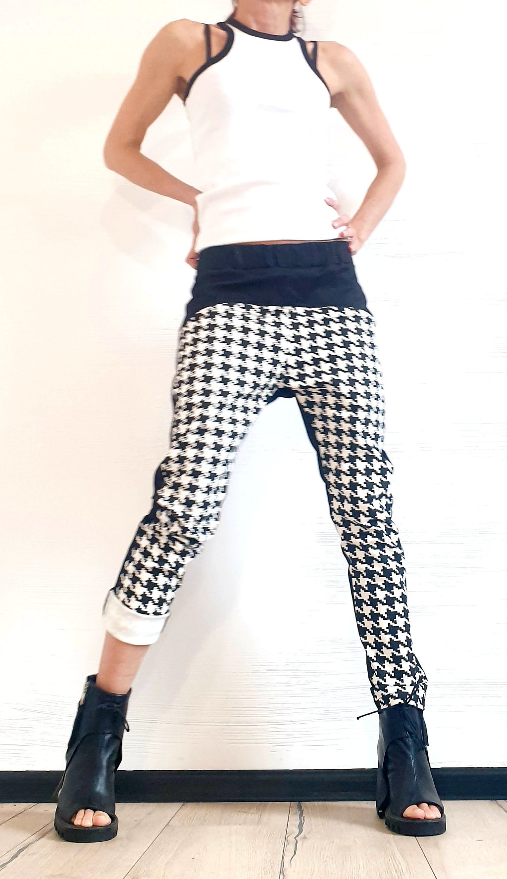Houndstooth Panel Pants, Color Block, Slim Tapered Leg, Cotton Trousers