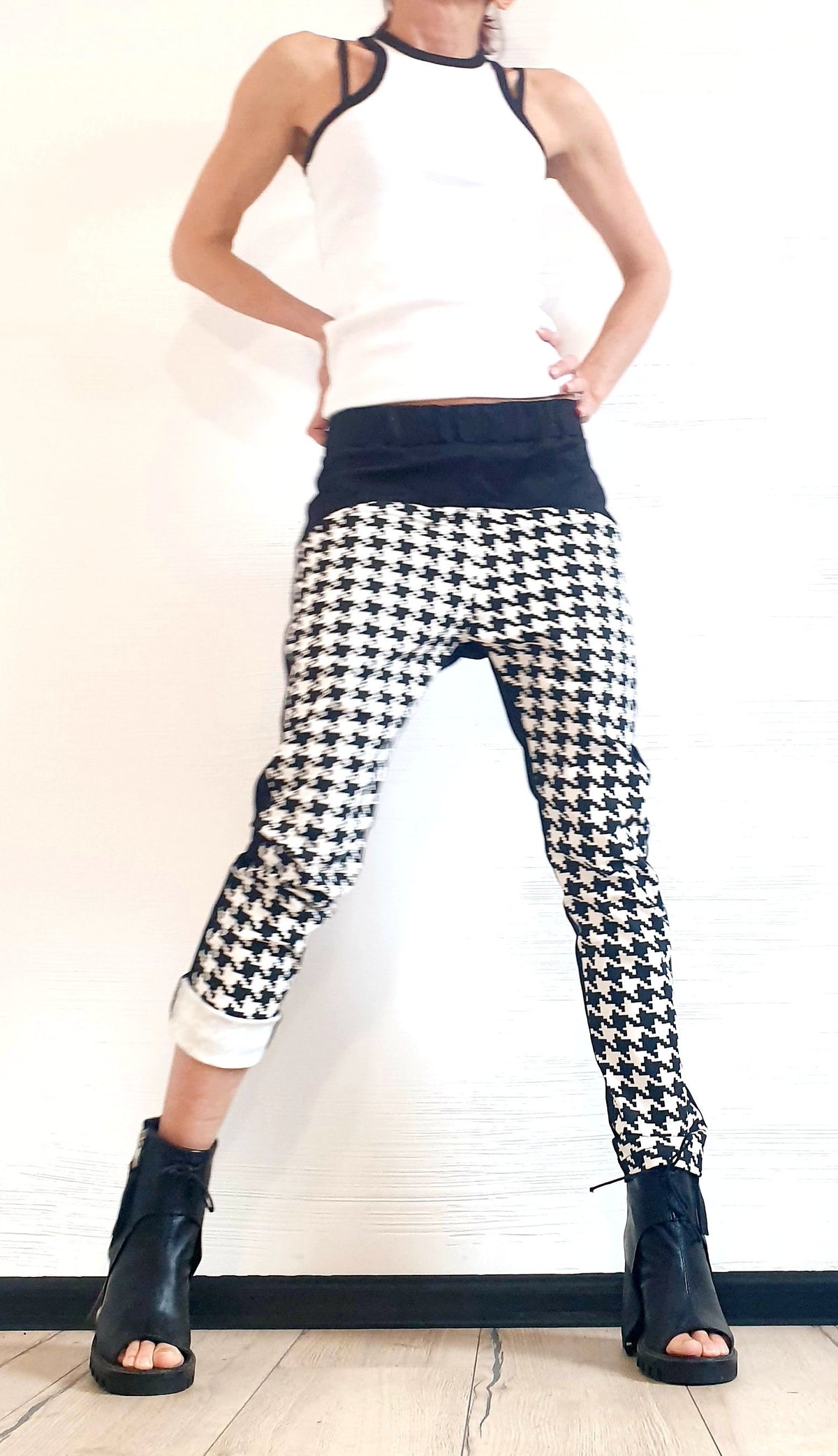 Houndstooth Panel Pants, Color Block, Slim Tapered Leg, Cotton Trousers