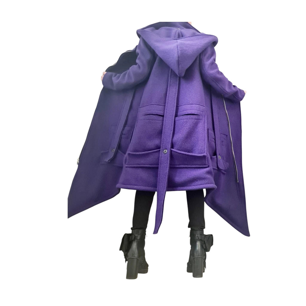 Purple Asymmetric Wool Coat, Long Hooded Jacket with Oversized Patch Pockets, Plus Size