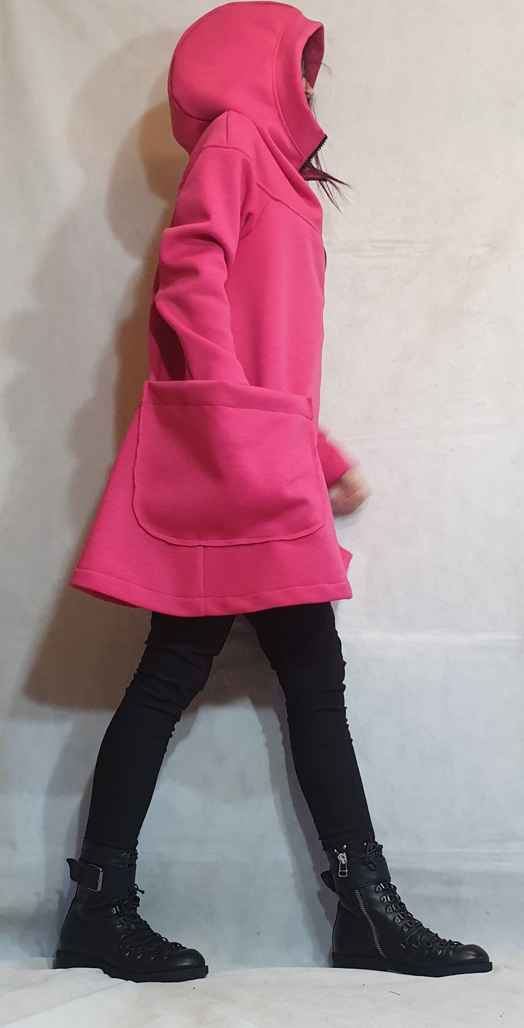 Hot Pink Asymmetric Cotton Hoodie, Diagonal Zip, Oversized Hood and Patch Pocket, Plus Size