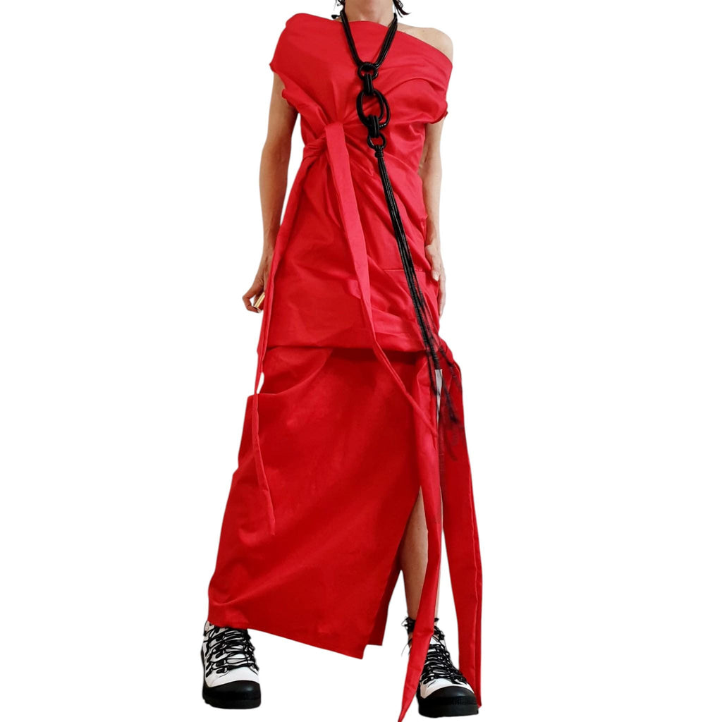 Red Asymmetric Long Dress, Plus Size Clothing, Sleeveless One Shoulder Cocktail Dress