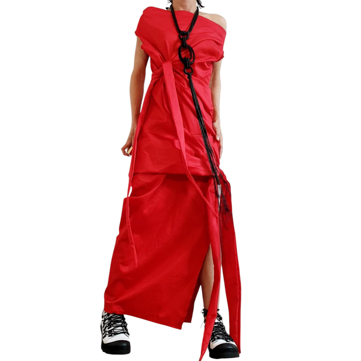 Red Asymmetric Long Dress, Plus Size Clothing, Sleeveless One Shoulder Cocktail Dress