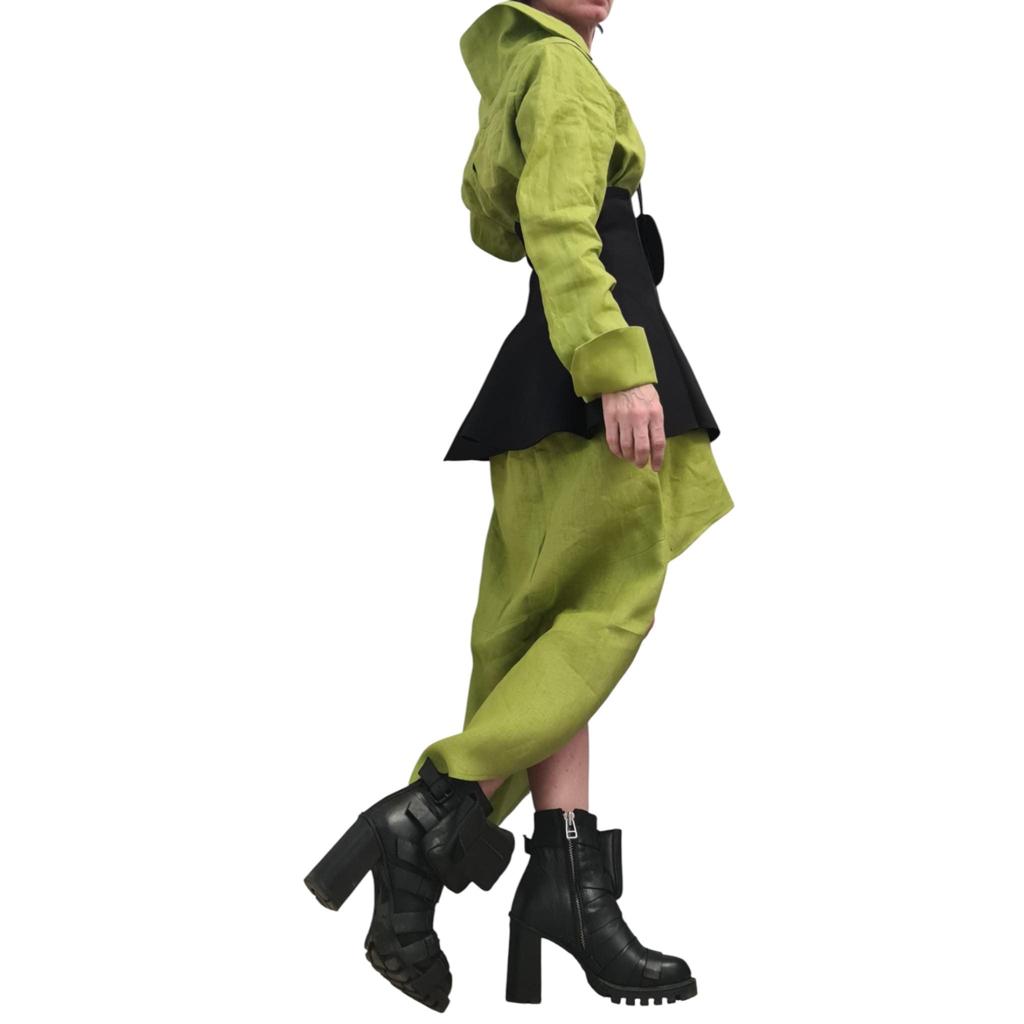 Pistachio Linen Shirt Dress with Neoprene Corset, High Low Hem, Asymmetric Handmade Tunic Dress