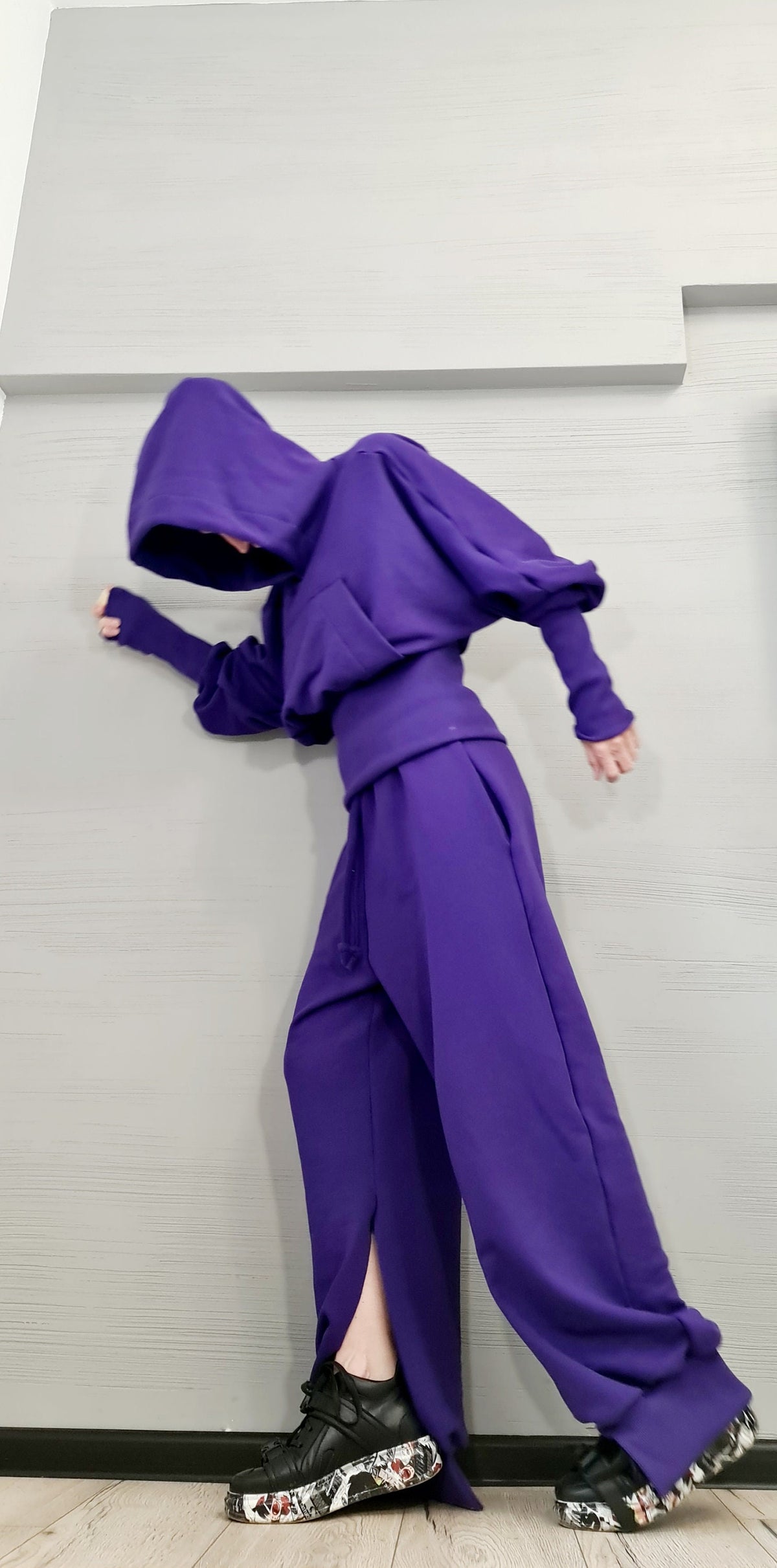 Purple Cotton Drop Crotch Harem Pants, Oversized Hooded Sweatshirt, Split Legs, Two-Piece Co-Ord Set