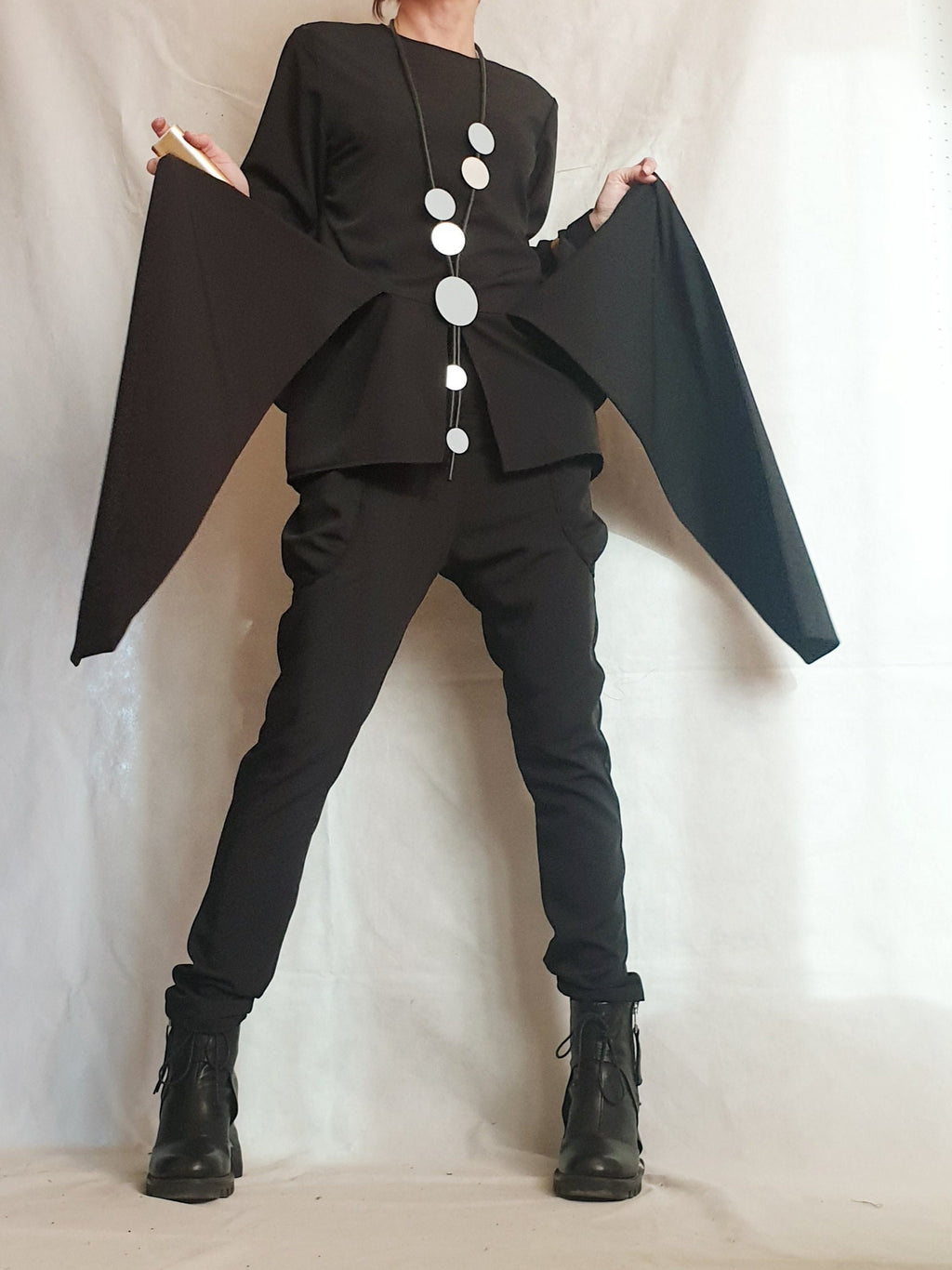 Black Tapered Pants, Asymmetrical Long Tunic, Layered Sleeves, Draped Panels, Two-Piece Co-Ord Set