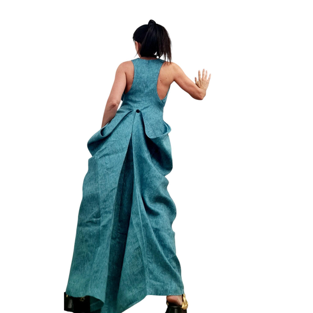 Turquoise Linen Maxi Dress for Women, Long Asymmetric Summer Dress, Convertible Loose Fit Clothing
