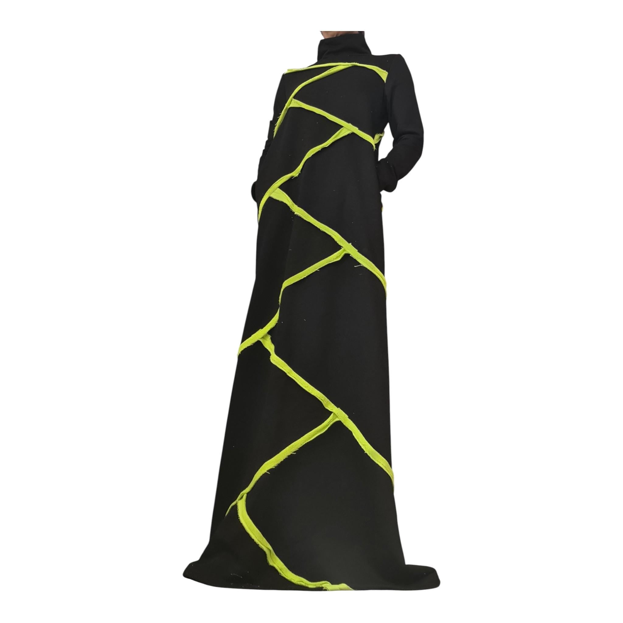 Black Cotton Maxi Dress, Lime Geometric Asymmetric Design, High Neck, Handmade Long Sleeve Dress