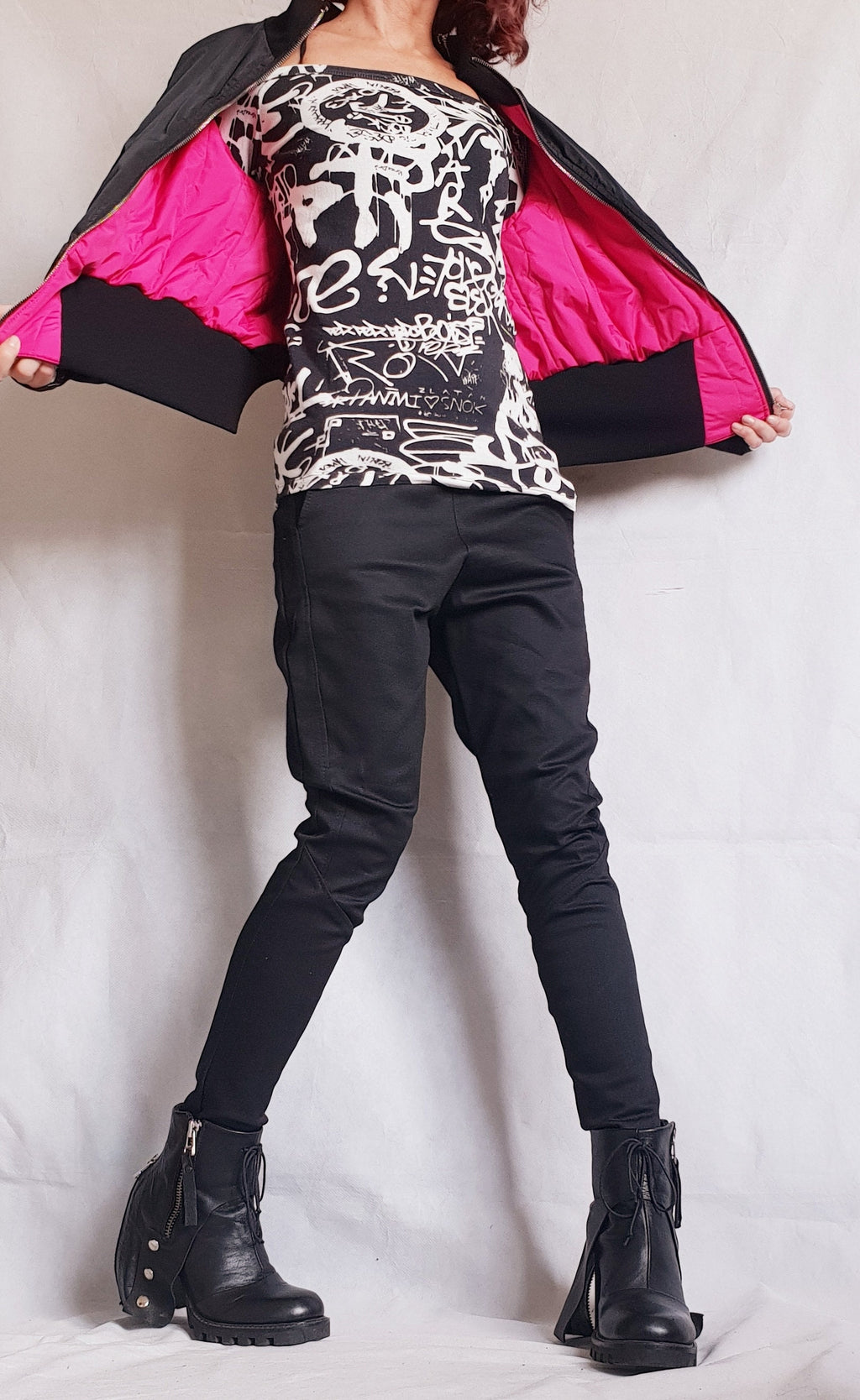 Black and Pink Cropped Winter Bomber Jacket, Oversized Fold Over Collar, Back Zip Detail